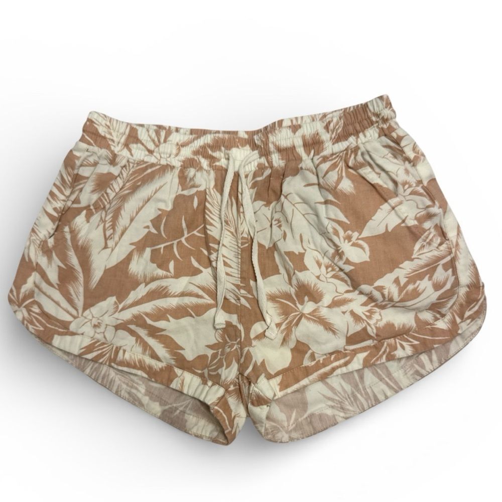 Billabong Tropical Print Beach Shorts Tan Cream Elastic Waist Dolphin Hem Small